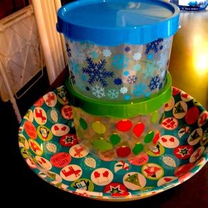 Two Christmas cookie containers and chip platters.